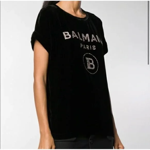 BALMAIN Black Velvet Glittered Logo Top Size 34 NWT - Picture 2 of 10